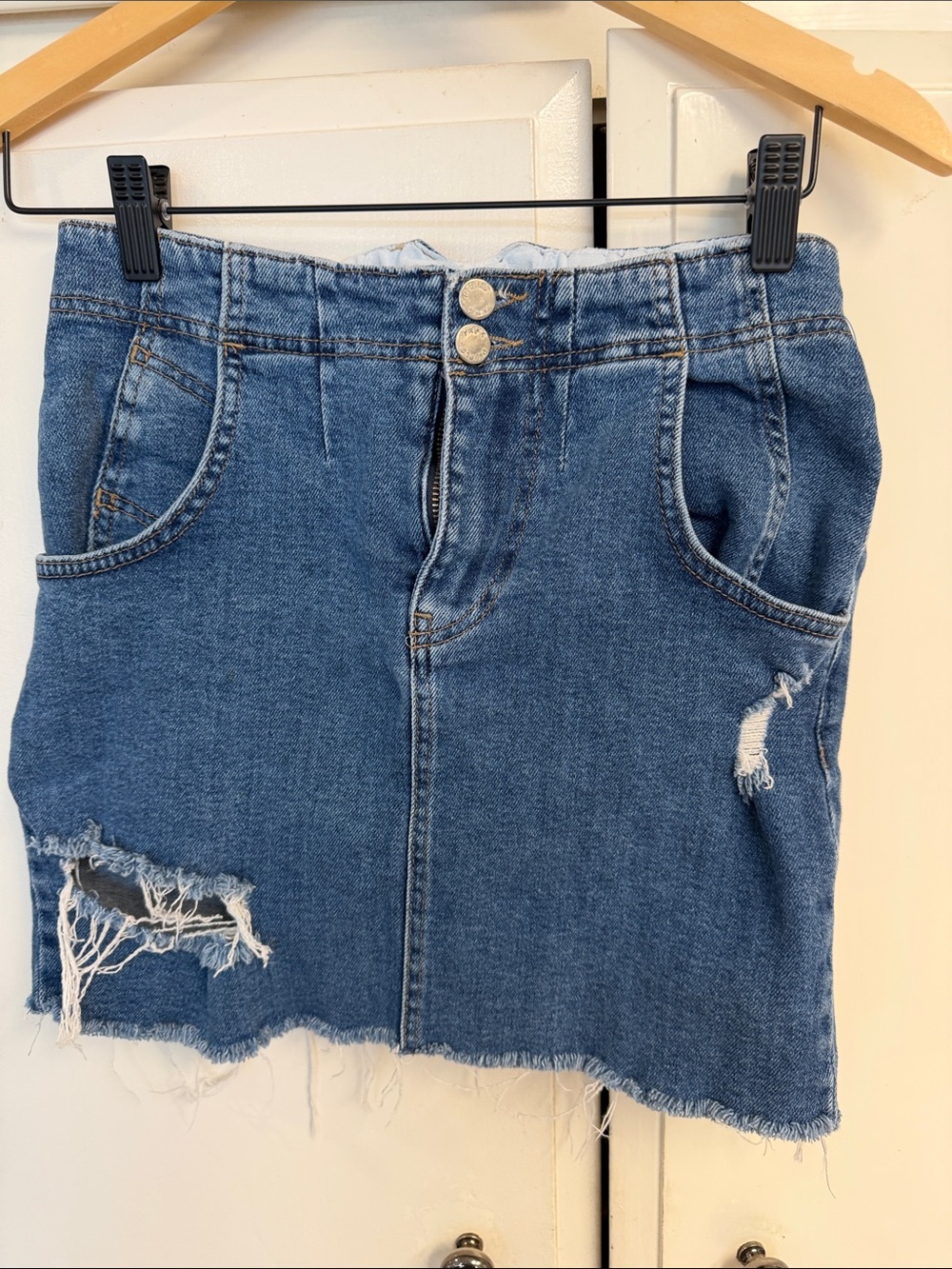 Free People Blue Distressed Denim Mini Skirt